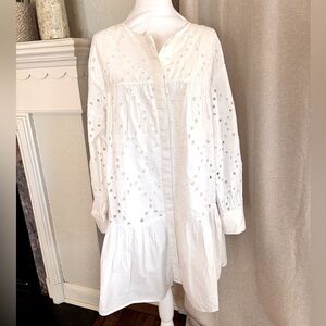 Zara eyelet long sleeve mini dress size large white
